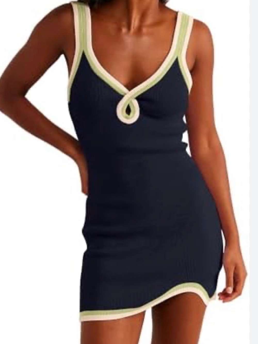 Navy Ribbed Tank Mini Dress with Lime Trim